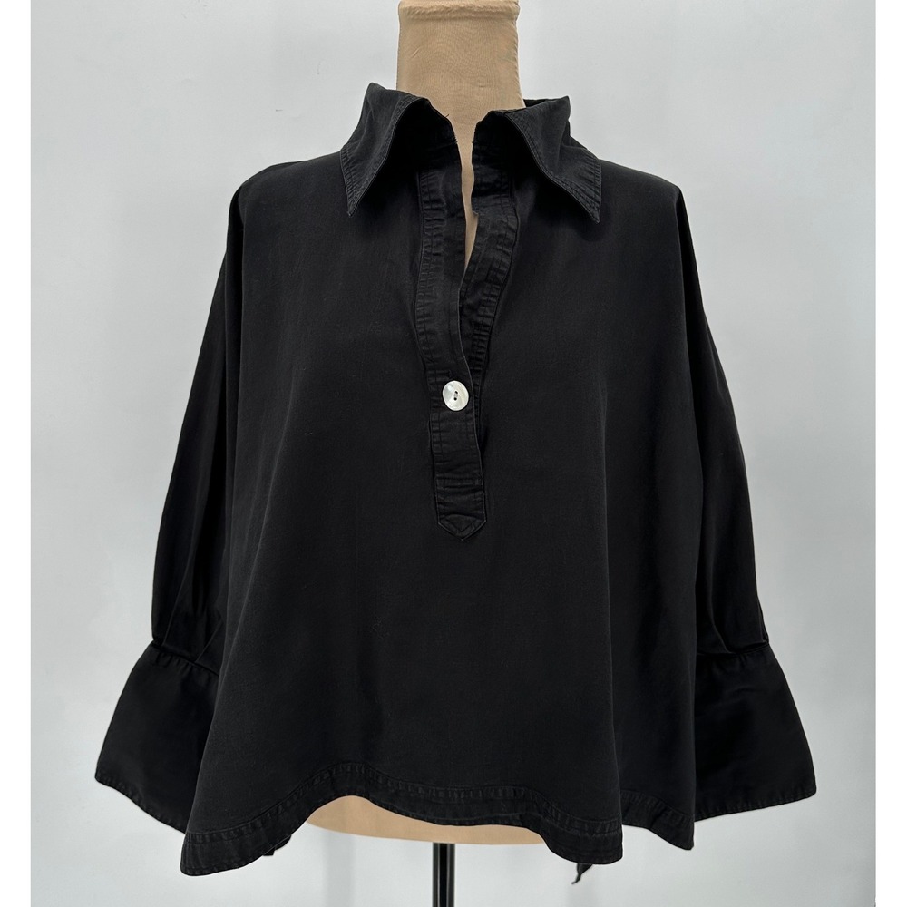 Step In Style Womens Black Cotton Popover Blouse Oversized Flared Cuff One Size